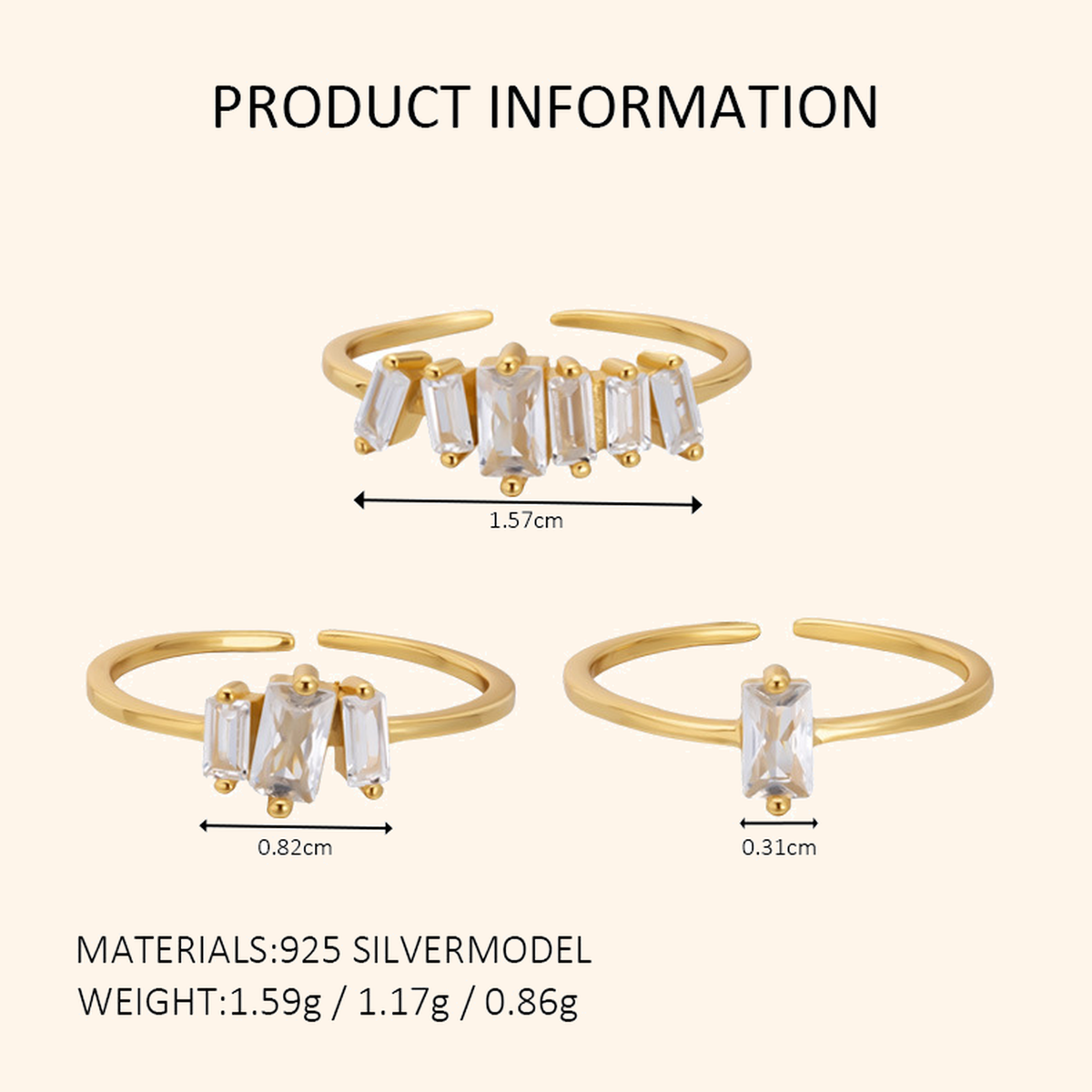 925 Sterling Silver Baguette Crystal Adjustable Open Ring
