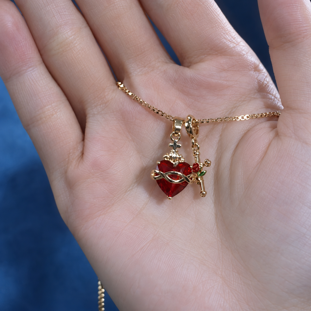 Women’s Gold Tone Sacred Heart Charm Necklace with Red Zircon and Rose Cross Pendants