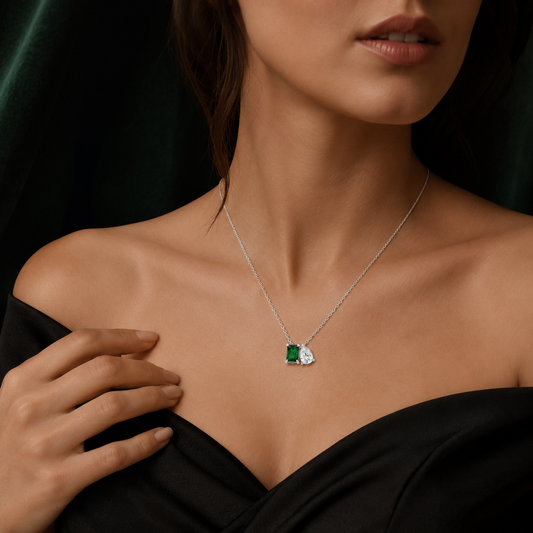 Women’s 925 Sterling Silver Emerald Green Two-Stone Pendant Necklace