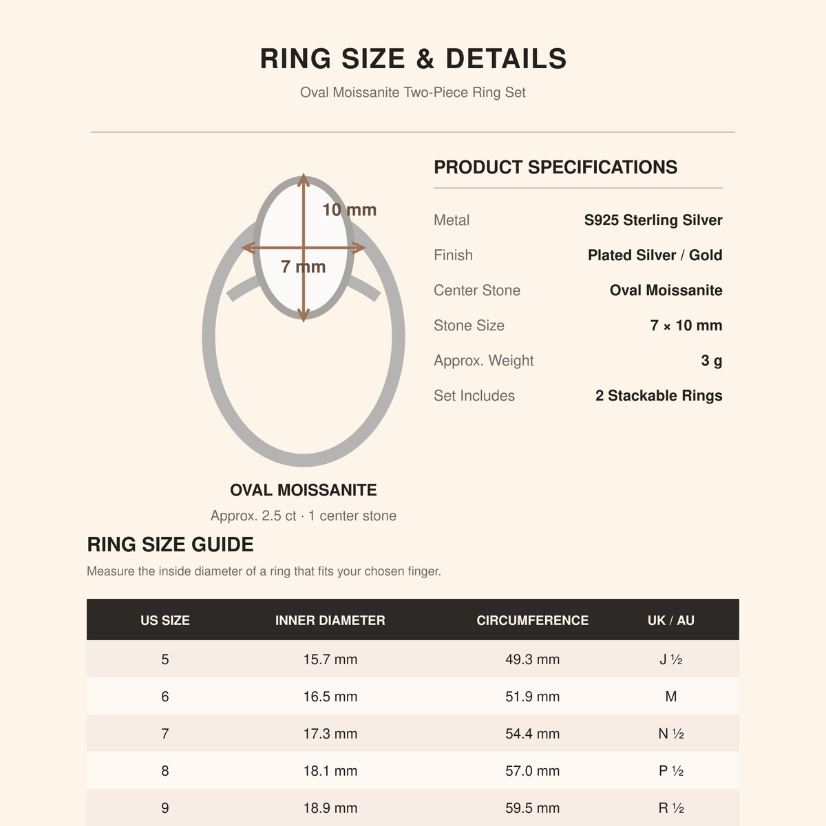 Women’s S925 Sterling Silver Oval Moissanite Two-Piece Stackable Ring Set, 7×10 mm