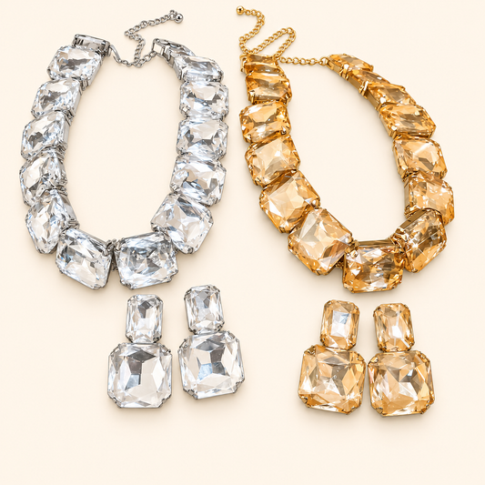 Women’s Gold or Silver Tone Elegant Square Rhinestone Pendant Necklace and Earrings Set