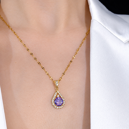 Women’s Gold-Tone Elegant Purple Zircon Pendant Necklace with Sparkling Teardrop Frame