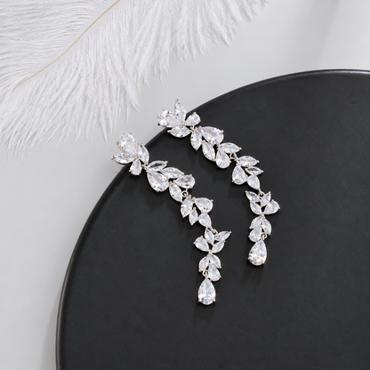 Women’s Glamorous Gold-Plated Long Leaf Earrings with Sparkling Zircon Detail