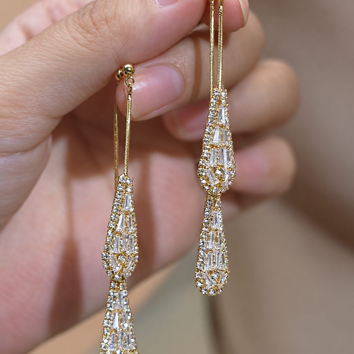 Women’s Elegant Electroplated Copper Teardrop Earrings with Two-Way Tassel Design