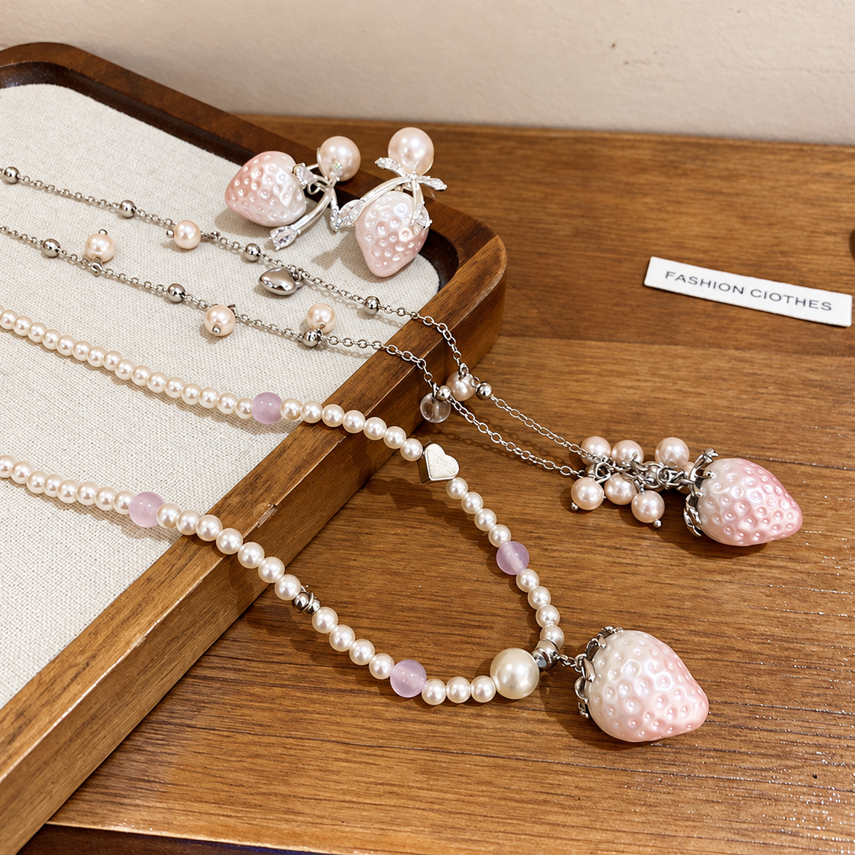 Women’s Pink Strawberry Faux Pearl Jewelry Set with Two Necklaces and Earrings