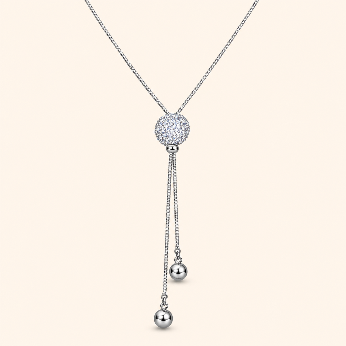 Women’s Gold or Silver Tone Elegant Box Chain Long Necklace with Ball Pendant and Tassel Detail