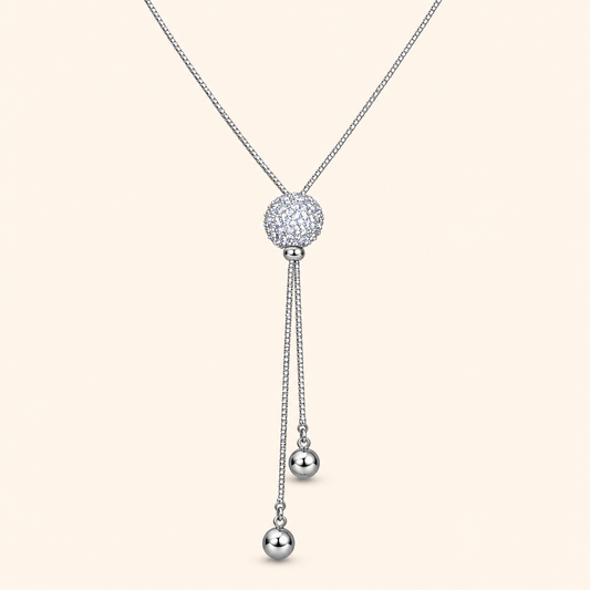 Women’s Gold or Silver Tone Elegant Box Chain Long Necklace with Ball Pendant and Tassel Detail