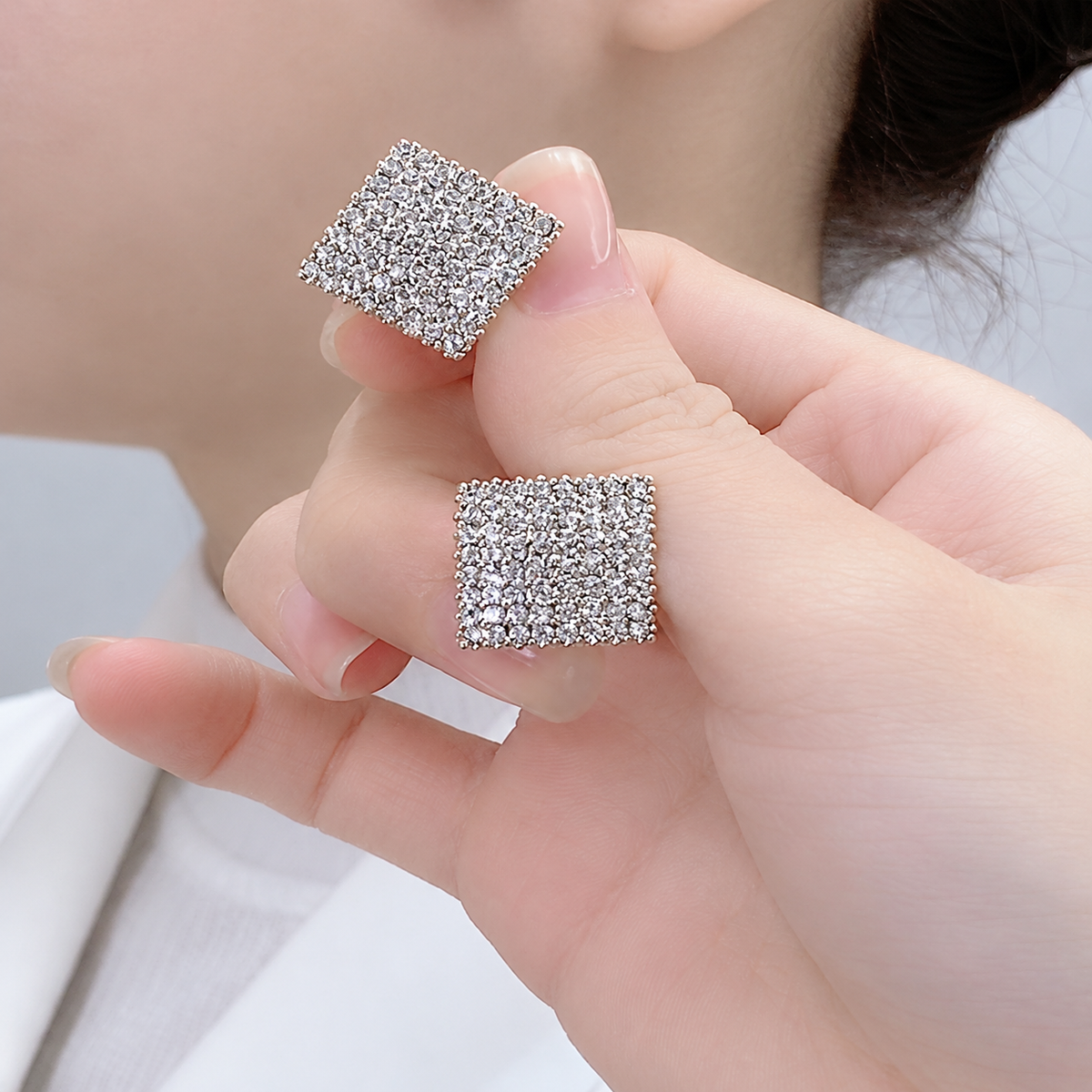 Women’s Silver-Tone Square Statement Stud Earrings with Allover Sparkling Stones