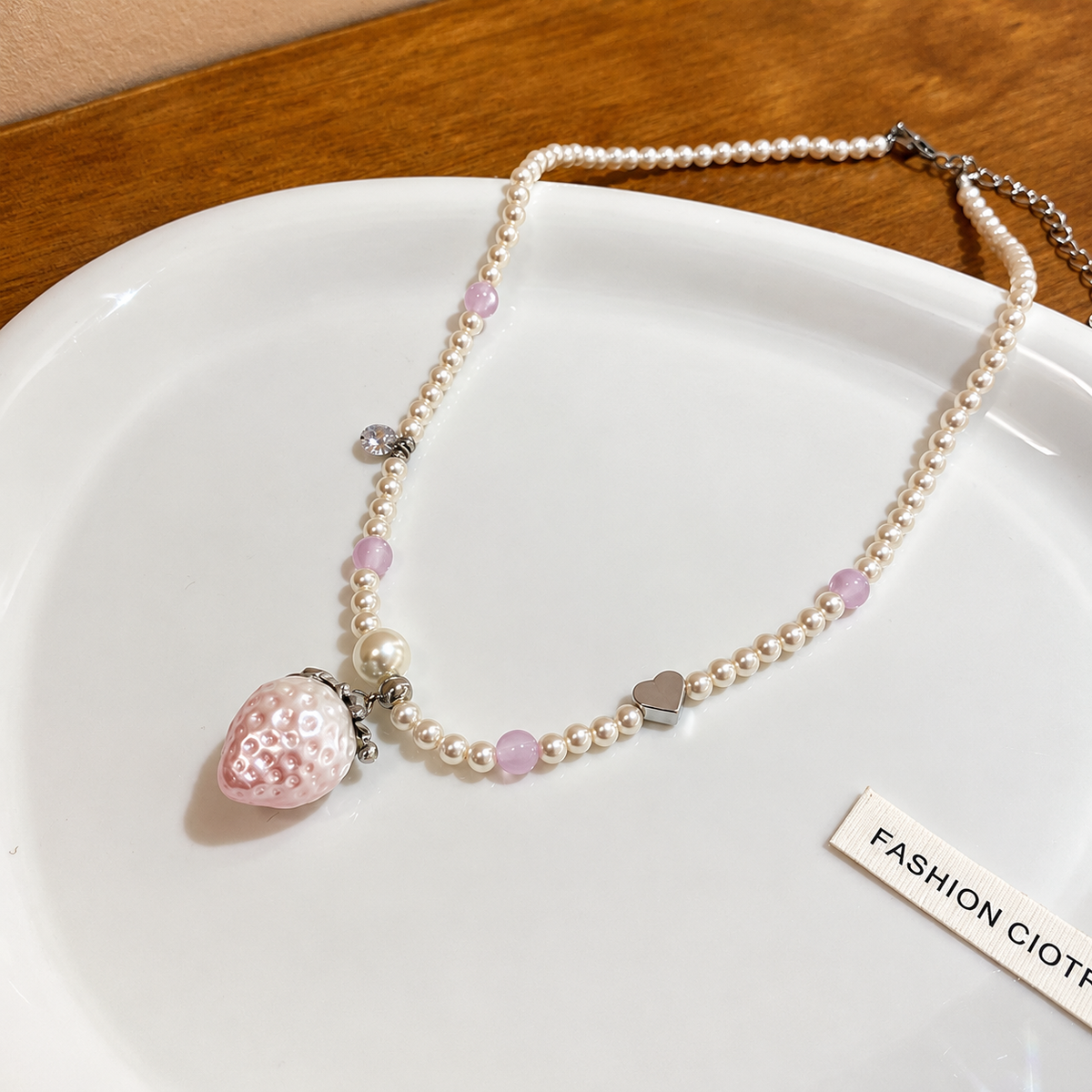 Women’s Pink Strawberry Faux Pearl Jewelry Set with Two Necklaces and Earrings