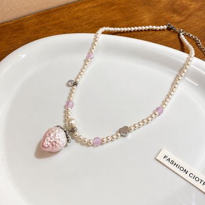 Women’s Pink Strawberry Faux Pearl Jewelry Set with Two Necklaces and Earrings