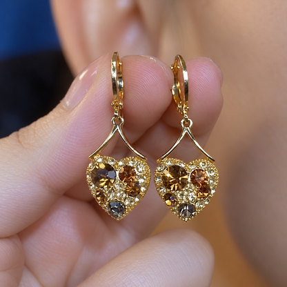 Women’s Gold-Tone Vintage-Inspired Heart Drop Earrings with Sparkling Coffee-Brown Stones