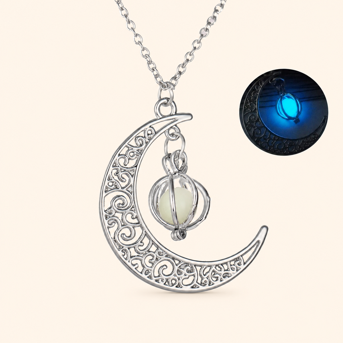 Women’s Silver-Tone Filigree Crescent Moon Necklace with Glow-in-the-Dark Pumpkin Charm