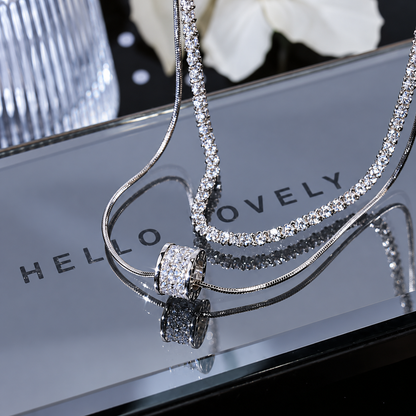 Women’s Silver-Tone Double-Layer Box Chain Necklace with Zircon Detail