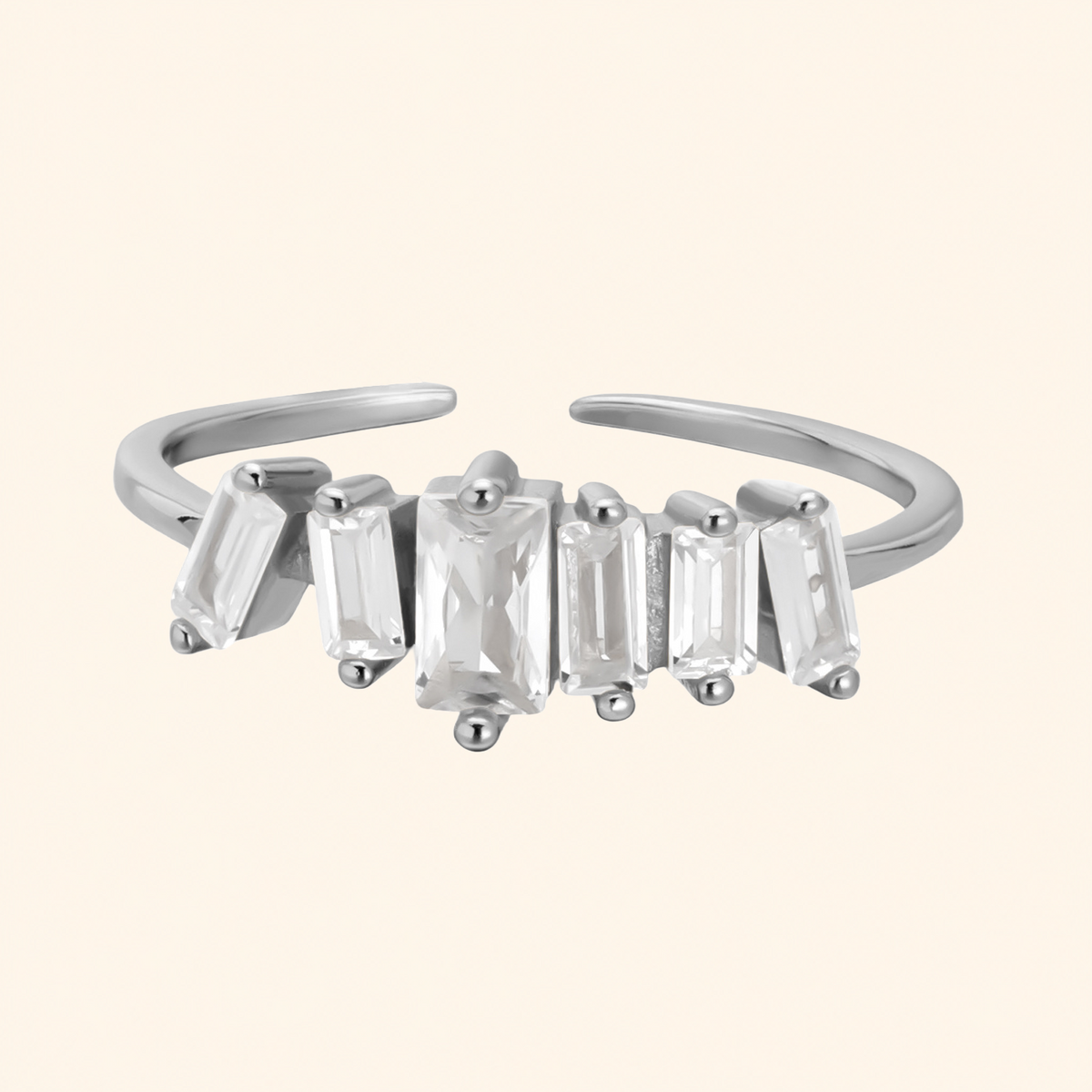 925 Sterling Silver Baguette Crystal Adjustable Open Ring