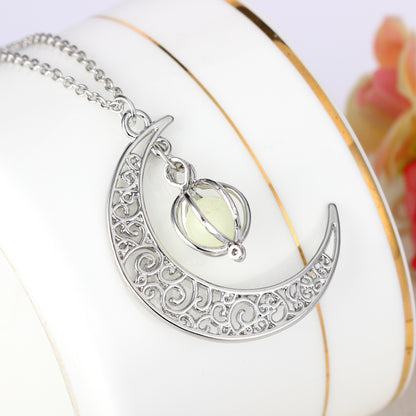 Women’s Silver-Tone Filigree Crescent Moon Necklace with Glow-in-the-Dark Pumpkin Charm