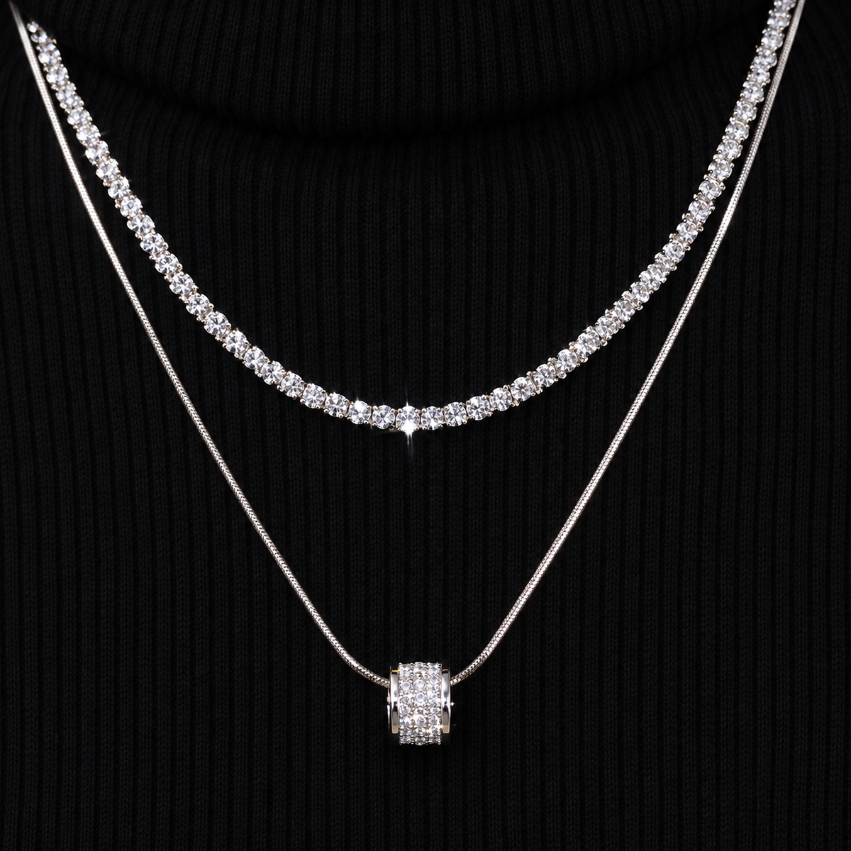 Women’s Silver-Tone Double-Layer Box Chain Necklace with Zircon Detail