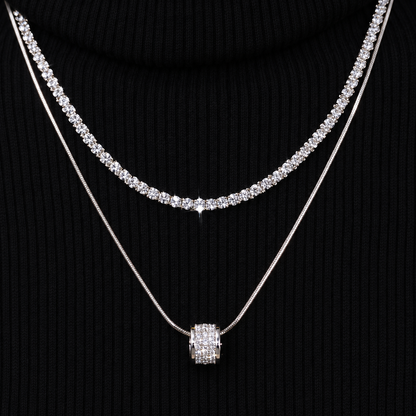 Women’s Silver-Tone Double-Layer Box Chain Necklace with Zircon Detail