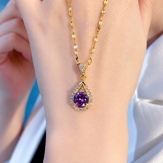 Women’s Gold-Tone Elegant Purple Zircon Pendant Necklace with Sparkling Teardrop Frame