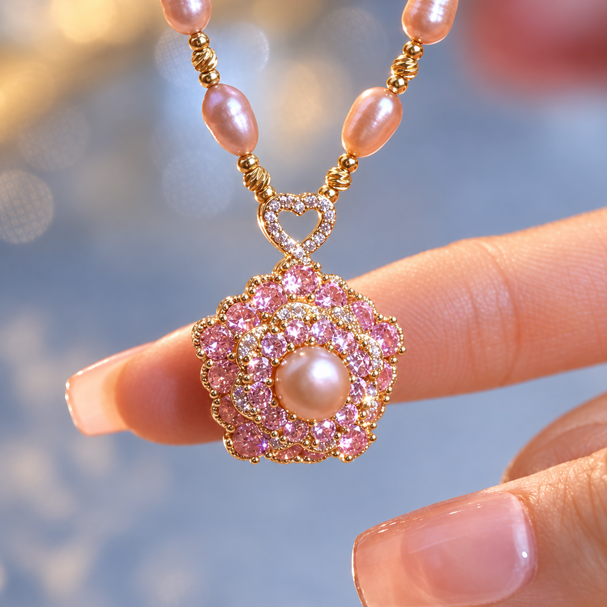 Women’s Natural Pearl Necklace with Sparkling Zircon Flower Detail