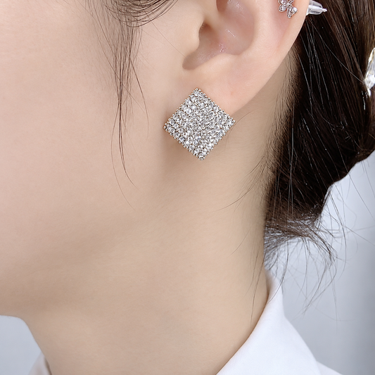 Women’s Silver-Tone Square Statement Stud Earrings with Allover Sparkling Stones