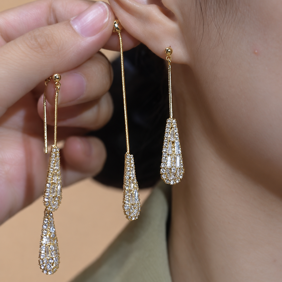 Women’s Elegant Electroplated Copper Teardrop Earrings with Two-Way Tassel Design