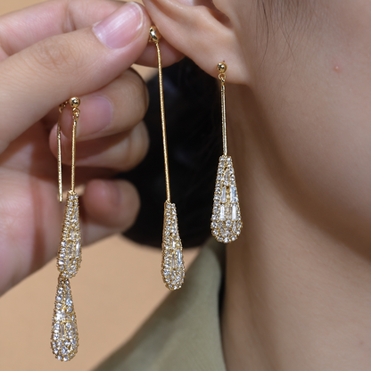 Women’s Elegant Electroplated Copper Teardrop Earrings with Two-Way Tassel Design
