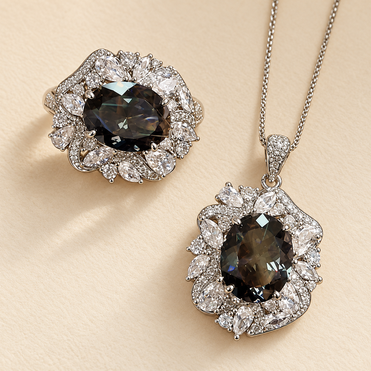 Women’s Vintage Copper Necklace and Ring Set with Bird’s Nest-Cut Zircon Detail