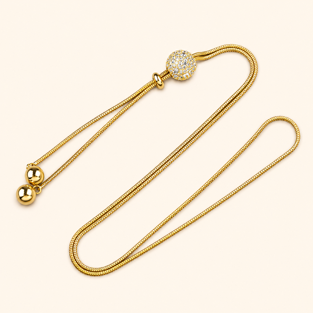 Women’s Gold or Silver Tone Elegant Box Chain Long Necklace with Ball Pendant and Tassel Detail