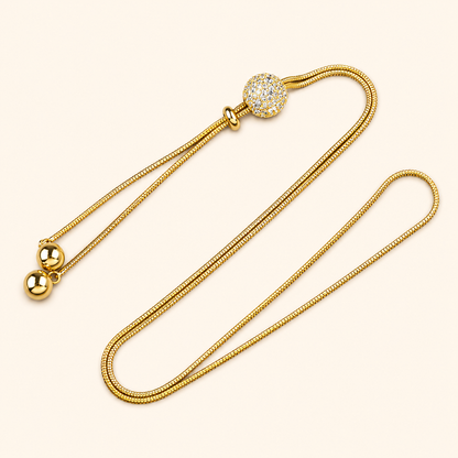 Women’s Gold or Silver Tone Elegant Box Chain Long Necklace with Ball Pendant and Tassel Detail
