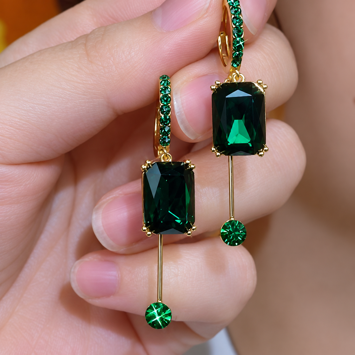 Women’s Elegant Geometric Crystal Drop Earrings with Rectangular Stones and Delicate Dangle Detail