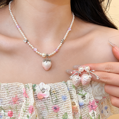 Women’s Pink Strawberry Faux Pearl Jewelry Set with Two Necklaces and Earrings