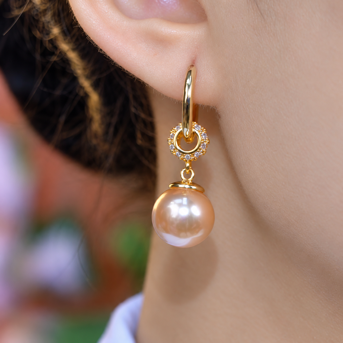 Women’s Gold-Tone Vintage-Inspired Pearl Drop Hoop Earrings with Sparkling Detail