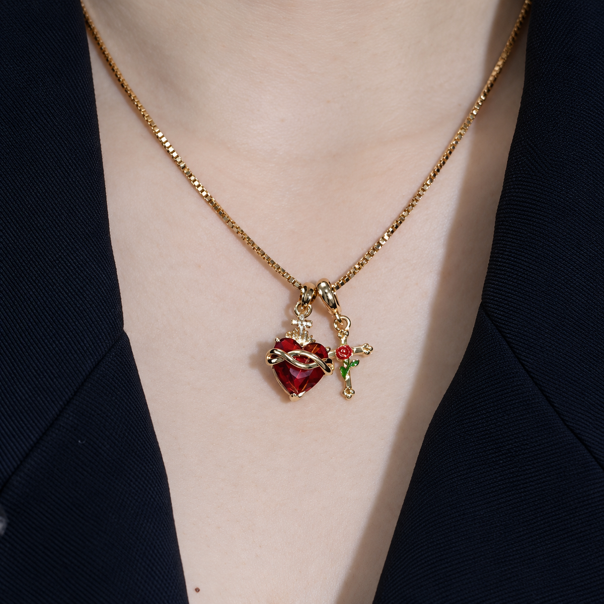 Women’s Gold Tone Sacred Heart Charm Necklace with Red Zircon and Rose Cross Pendants