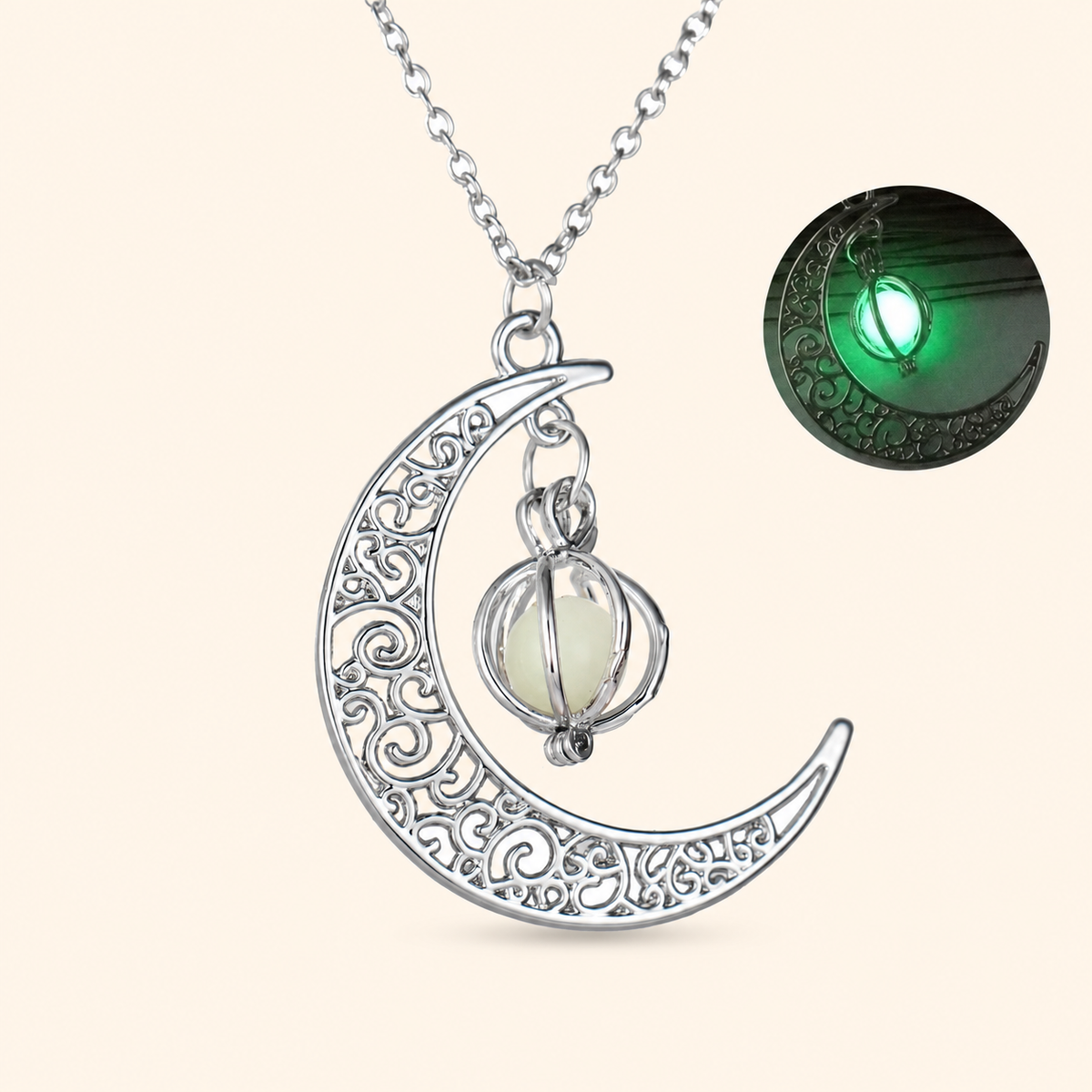 Women’s Silver-Tone Filigree Crescent Moon Necklace with Glow-in-the-Dark Pumpkin Charm