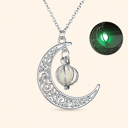 Women’s Silver-Tone Filigree Crescent Moon Necklace with Glow-in-the-Dark Pumpkin Charm
