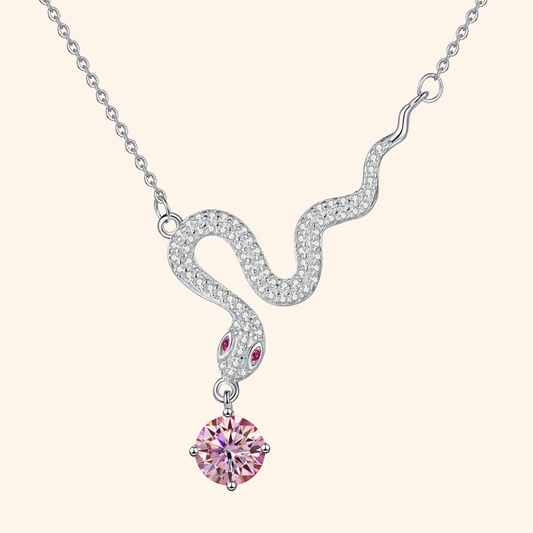 S925 Sterling Silver Plated Snake Pendant Necklace with 1ct Black Moissanite