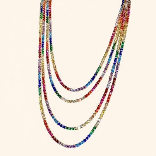 Multicolor Crystal Tennis Necklace – Gold, Silver & Rose Gold