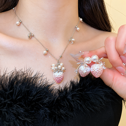 Women’s Pink Strawberry Faux Pearl Jewelry Set with Two Necklaces and Earrings