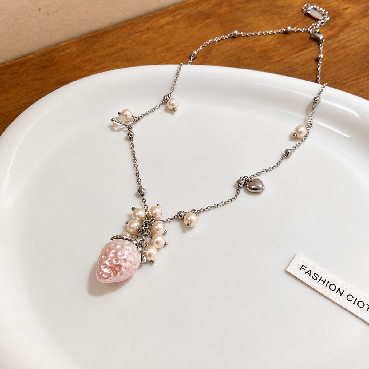 Women’s Pink Strawberry Faux Pearl Jewelry Set with Two Necklaces and Earrings