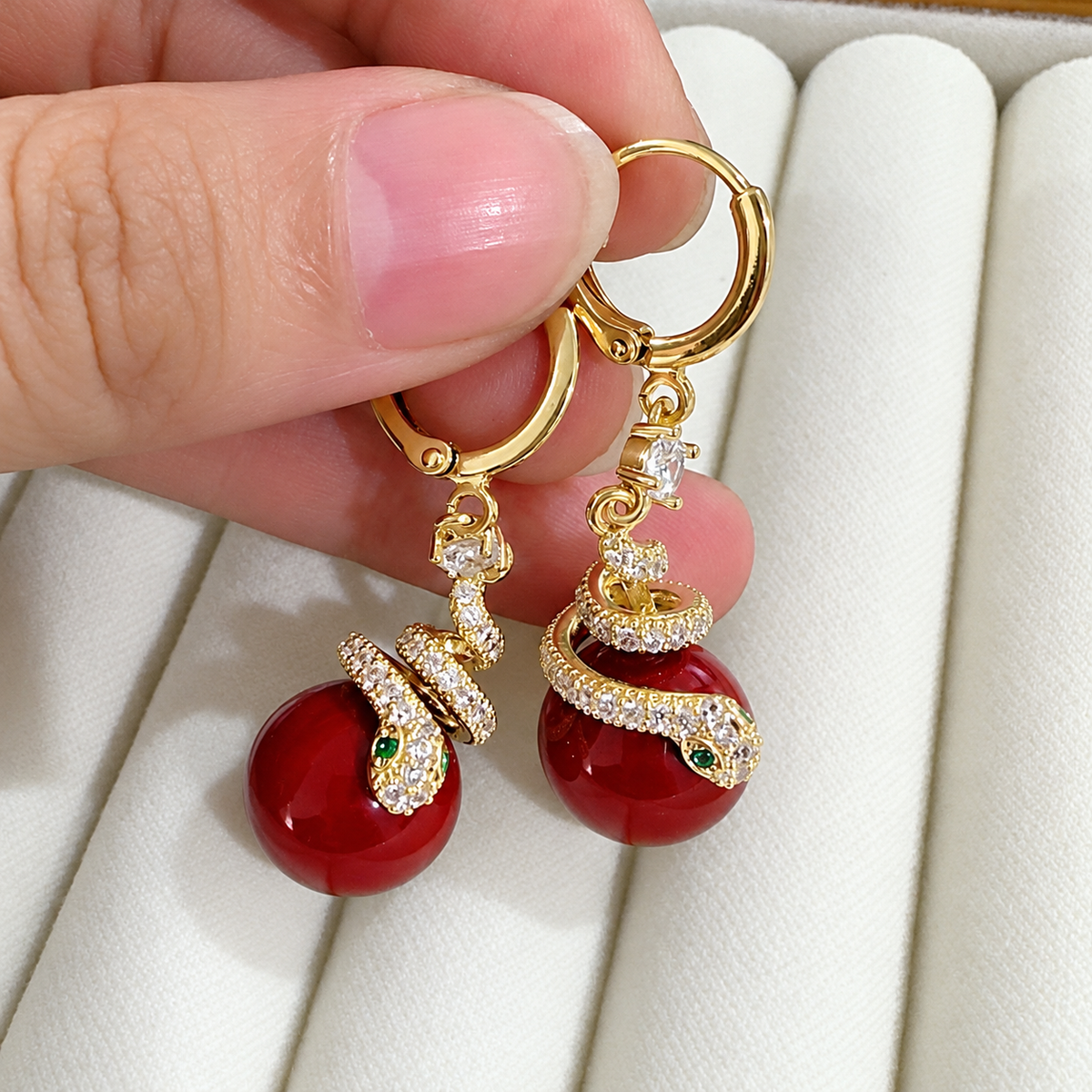 Women’s Elegant Electroplated Copper Snake Drop Earrings with Pearl Detail
