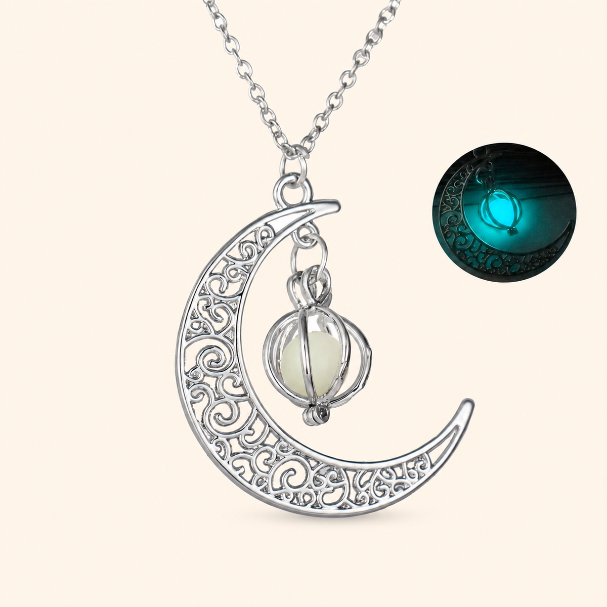 Women’s Silver-Tone Filigree Crescent Moon Necklace with Glow-in-the-Dark Pumpkin Charm