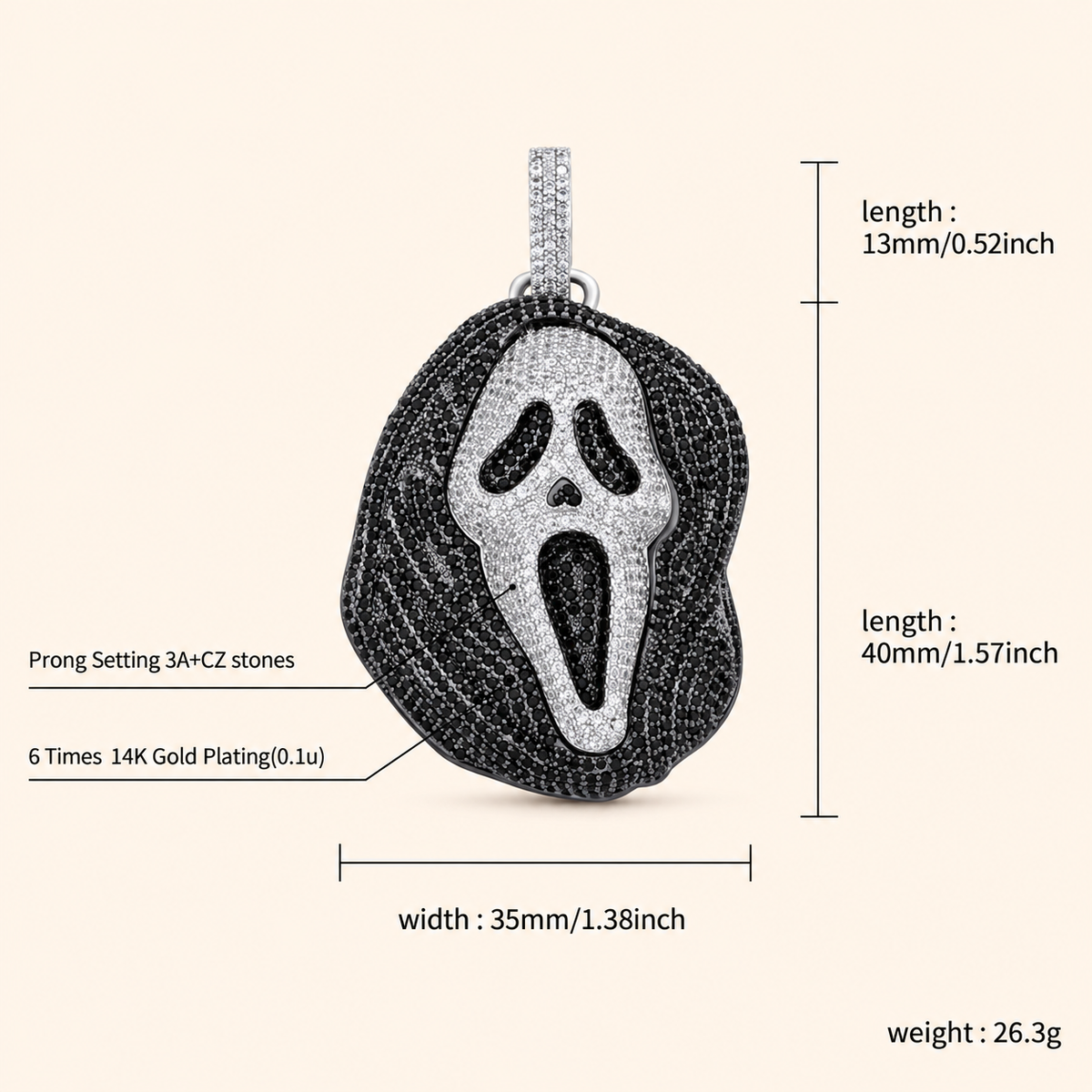 Unisex Halloween Ghost Mask Pendant Necklace with Black and Clear Cubic Zirconia