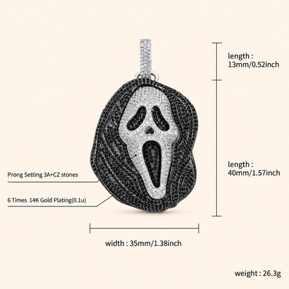 Unisex Halloween Ghost Mask Pendant Necklace with Black and Clear Cubic Zirconia
