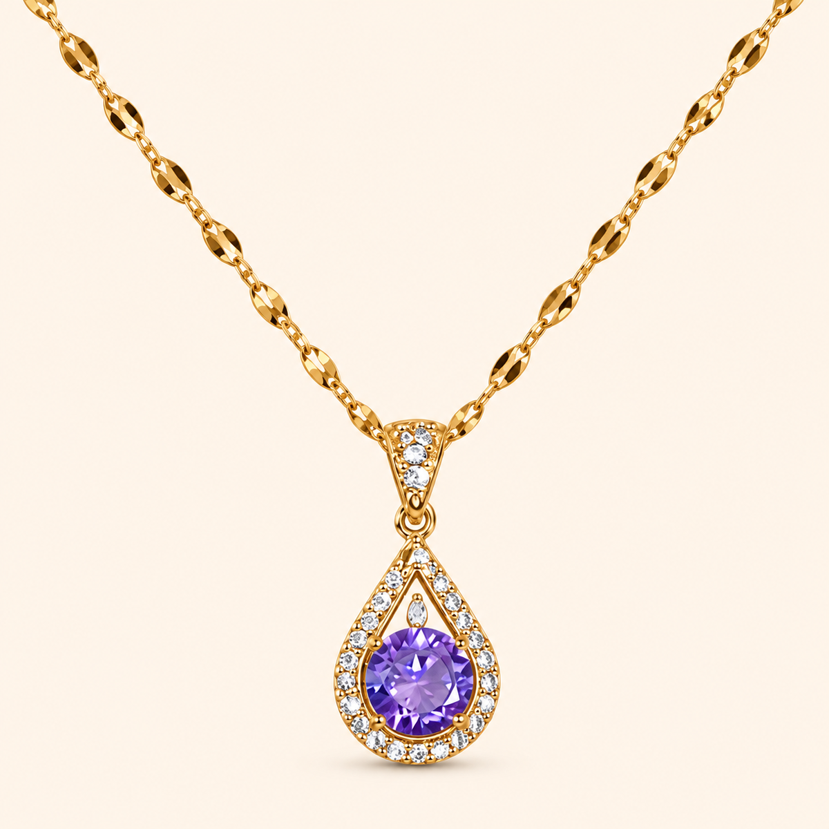 Women’s Gold-Tone Elegant Purple Zircon Pendant Necklace with Sparkling Teardrop Frame