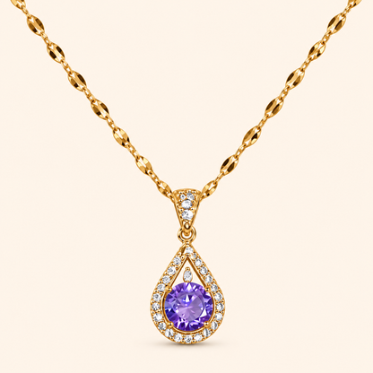Women’s Gold-Tone Elegant Purple Zircon Pendant Necklace with Sparkling Teardrop Frame