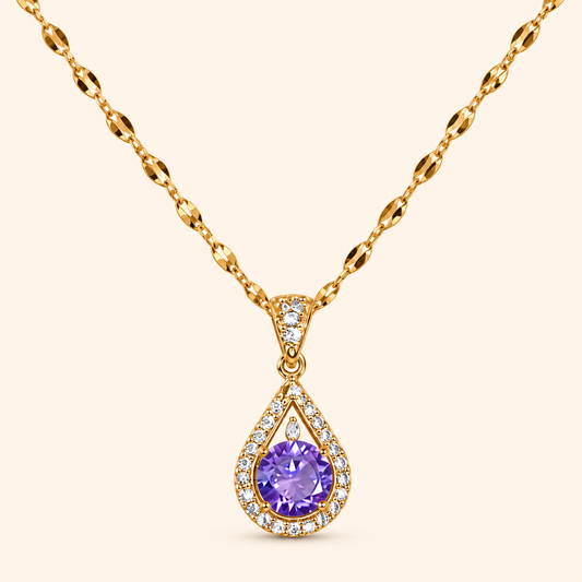 Women’s Gold-Tone Elegant Purple Zircon Pendant Necklace with Sparkling Teardrop Frame