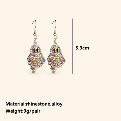 Women’s Halloween Pumpkin and Ghost Drop Earrings with Colorful Rhinestones