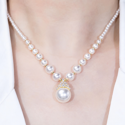 Women’s Elegant Faux Pearl Necklace with Cubic Zirconia Crown Pendant