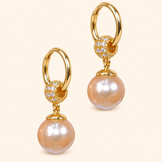 Women’s Gold-Tone Vintage-Inspired Pearl Drop Hoop Earrings with Sparkling Detail