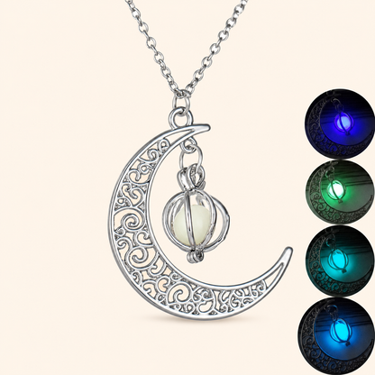Women’s Silver-Tone Filigree Crescent Moon Necklace with Glow-in-the-Dark Pumpkin Charm
